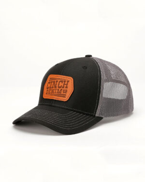 Men s Trucker Cap with Leather Cinch Denim Logo - Black and Gray